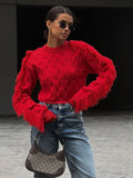 Poshoot Splice Tassel Short Knitted Top Female Solid Slim Fit Long Sleeves Fashion Pullover Sweater Women's Autumn Winter Casual