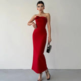 Poshoot Elegant Bow Backless Long Dress Women's Sexy Strapless Slit Evening Gown High Waist Slim Sleeveless Luxury Long Dress