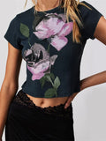 Poshoot Women Summer Slim Fit Casual Tees Shirts Crop Top Short Sleeve Round Neck Flower Print Short T-shirts Streetwear 2024