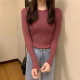 Poshoot Autumn Winter Basic Women's Knitted Sweater 2024 Round Neck Slim Fit Pullovers Woman Wild Solid Color Female Top Clothing