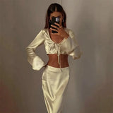 Talenza Satin Skirt Two Piece Women's White Sexy Long Sleeve Lace Up Cropped Top Slim Skirt Elegant Casual Retro Skirt Set Dress