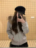 Poshoot Autumn Vintage Faux Fur Collar Cropped Hoodies Women Streetwear Y2k Zip Up Hooded Sweatshirts Grunge Harajuku Long Sleeve Tops