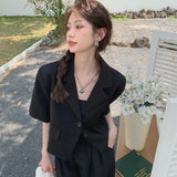 Poshoot Korean Fashion Green Women's Blazer Summer Thin Short Sleeve Blazers for Women 2024 Chic Single Breasted Cropped Jacket Female