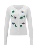 Poshoot 2025 Christmas Knit Cardigan For Women Long Sleeve Button Closure Embroidery Snowman Tree Casual Sweater