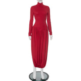 Poshoot Red Patchwork Slit Maxi Dress Female Solid High Neck Long Sleeve Party Club Dress Sexy Gathered Pullover Slim Dress Robe