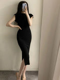 Poshoot Summer New Short Sleeve Women Folds Casual Charm Slim Fit High Waist Split Long Christmas Dress Sexy Wrap Hip Gentle Solid W9YK