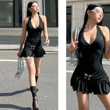 Poshoot Halter Elegant Sexy Ruched Ruffles Backless Short Dress Summer Fall Party Y2K Streetwear Casual Clothing Wholesale