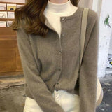 Poshoot Spring Autumn Women's Knitted Cardigan 2024 Korean Single Breasted Long Sleeve Jumper Woman Chic Round Neck Cardigans Outwear