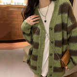 Poshoot Retro V Neck Green Stripe Cardigans Women Korean Chic Single Breasted Sweater Jackets Woman Streetwear Y2K Long Sleeve Cardigan