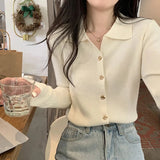 Poshoot 2024 New Turn Down Collar Sweater Women Autumn Winter Button Up Long Sleeve Knitted Cardigan Woman V Neck Chic Cardgans Female