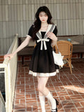 Poshoot-2024 Summer Dress For Women  Harajuku Preppy Style School Casual Sailor Collar Puff Sleeve Wrap Short Dresses