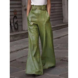 Poshoot Autumn Winter Women's Faux Pu Long Pants  High Waisted Loose Pleated Pockets Streetwear Female Wide Leg Trousers