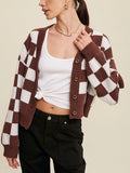 Poshoot Y2k Vintage Checkerboard Crop Cardigan V-neck Button Up Knitted Sweaters Women Autumn Winter Outfits