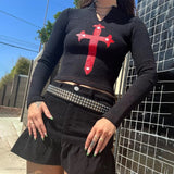 Poshoot-Gothic Cross Graphic Casual Women T-shirts Y2k Punk Long Sleeve Skinny V-neck Crop Tops Grunge Fashion Streetwear 2024