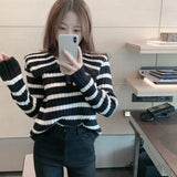 Poshoot Korean Sailor Collar Striped Sweater Women 2024 Button Long Sleeve Knitting Pullover for Woman Autumn Simple Jumper Mujer