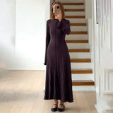 Poshoot Women's Knitted Long Dress Autumn Winter Solid Loose Long Sleeve Tie Y2k Dress Casual Office Commuting Long Dress Female