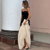 Poshoot Elegant Strapless Backless Long Dress Women's Sexy Tube Top Color Block A-Line Dress High Waist Sleeveless Evening Gown