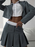 Poshoot 2023 Casual Blazer And Skirt Sets For Women Two Piece Set Outfits Gray Ladies Cropped Coat Blazer Femme 2-Piece Sets New