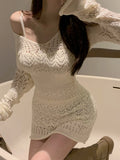 Poshoot 2023 Spring Suits Bodycon Hollow Out Knitted Long Sleeve Dress+Slip Elegant Mini Dress Office Women Sexy Two Piece Dress Korean