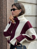 Poshoot Women Contrasting Vertical Stripes Knitted Sweater Elegant Turtleneck Long Sleeve Pullover Autumn Winter Lady Street Jumpers