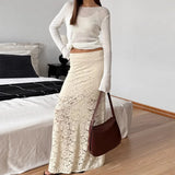 Poshoot Elegant Lace See-through Long Skirt Women's Sexy Patchwork Skirt Solid Casual Loose High Waist Slim Retro Long Skirt Y2k