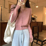 Poshoot Green Round Neck Sweater Women 2024 Single Breasted Knitted Crop Cardigan Woman Korean Wild Long Sleeve Jumper Ladies