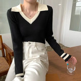 Poshoot Korean V Neck Knit Pullovers Women Autumn Winter Bottoming Cropped Sweaters Woman Stripe Long Sleeve Knitwear Sweater