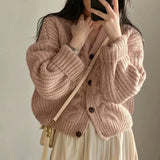 Poshoot Korean Single Breasted Twisted Cardigan Women 2024 Lazy Style Loose Sweater Jacket Woman Solid Color V Neck Cardigan Coat