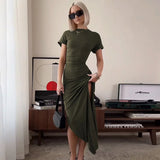 Poshoot Solid Bodycon O Neck Short Sleeve Ruched Slit Elegant Evening Women'S Dresses Summer Casual Clotehs Wholesale Girls