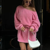 Poshoot Female V-neck Imitation Mink Sweater Fall Sexy Off-Shoulder Loose Sweater Dress Solid Casual Pullover Street Knitted Top