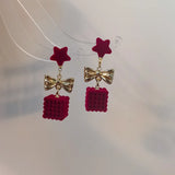 Poshoot Christmas Bowknot Flocking Wreath Earrings for Women Luxury Red Bow Snowflake Christmas Tree Drop Earring New Year Jewelry Gift