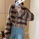 Poshoot Vintage Striped Cardigan Women Korean Style Round Neck Long Sleeve Sweaters Woman Button Up Short Knitting Cardigans