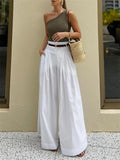 Poshoot Women High Waist Casual Wide Leg Long Palazzo Pants  Summer With Pockets Loose Female Simple White Trousers Bottoms