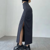 Poshoot Y2K Split Long Skirt Women 2024 Summer Skiny High Waisted Cargo Skirt Woman Black Gray Streetwear Midi Skirts Female