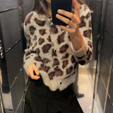 Poshoot Leopard Print Knitted Cardigan Women's O Neck Single Breasted Printed Sweater Warm Streetwear Office Lady Knitted Jacket