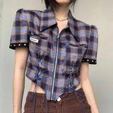 Poshoot Plaid Printed Short Sleeve Lace Up Slim T Shirt Fashion Streetwear Casual Crop Top Holiday Summer Women Clothes Wholesale