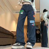 Poshoot 2025 New Cartoon Stickers Straight Jeans Women Harajuku Loose Wide Leg Trousers Woman Streetwear High Waist Denim Pants Female