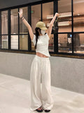 Poshoot Wide Leg White Linen Pants Woman Casual Basic Summer 2024 Oversize Female Straight Trousers Baggy Elastic Waist Pants