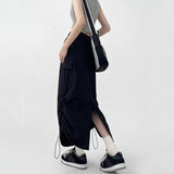 Poshoot Drawstring High Waisted Cargo Skirts Women Fashion Streetwear Split Midi Skirt Woman Chic Pockets Straight Y2K Skirts