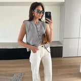 Poshoot Women's Knitted Vest Top Casual Single Breasted Sweater Cardigan Vest Sweater Solid Color Sleeveless Street Vest T-Shirt