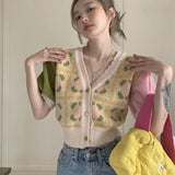 Poshoot Sweet Printed Knitted T Shirt Women Summer Patchwork Puff Short Sleeve Crop Tops Woman Summer V Neck Cardigan Sweater