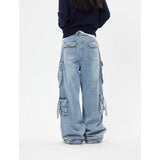 Poshoot-Women's Grunge Style Fashion Straight Vintage High Waist Jeans Retro Full Length Pants Wide Leg Baggy Pockets Denim Trouser