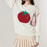 Poshoot Women Y2K Tomato Printed Pullover Sweater Top Oversized Fruit Graphic Long Sleeve Crew Neck Knit Sweater Fall Streetwear