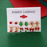 Poshoot 6 Pairs/Lot Christmas Earrings for Women Trendy Xmas Tree Santa Claus Elk Bow Ribbon Earring Set Party Holiday New Year Jewelry