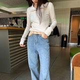 Poshoot Button Up Knitted Pullovers Women 2024 Spring Basic Slim Fit Turtleneck Sweater Woman Solid Color Wild Bottoming Shirt