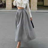 Poshoot High Waist Pleated Skirt Women's Solid Commuting Casual Slim A-Pulse Skirt Loose Patchwork Streetwear Party Long Skirt