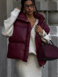 Poshoot Women Burgundy Winter Sleeveless Thicken Vest Zipper Stand Collar Oversize Warm Quilted Coat 2024 New Fashion Ladies Streetwear