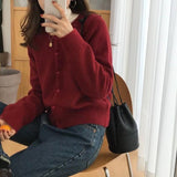 Poshoot Solid Color Knitted Cardigan Women Korean Single Breasted Long Sleeve Jumper Woman Round Neck All Match Cardigans Outwear