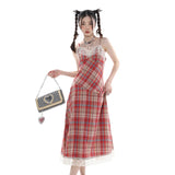 Poshoot-Women's Wear Strap Dress Lace Plaid Chic Slim Skirt Sexy Backless Summer French Vintage Sleeveless Suspender Mid-length Skirt