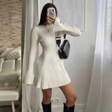 Poshoot Elegant Knitted Dress Women's New Solid Bottoming Sweater Dress O-neck Long Sleeve Slim Retro High Waist Dress Robe 2024